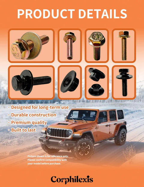 Heavy-Duty Side Step Bolts Kit For Jeep Wrangler JK JL 4-Door 2007-2025 Bolt-On Hardware With Nuts And Washers For Off-Road Upgrades Includes Rotatable Washer Nuts And All Required Fasteners, assorted bolts and washers