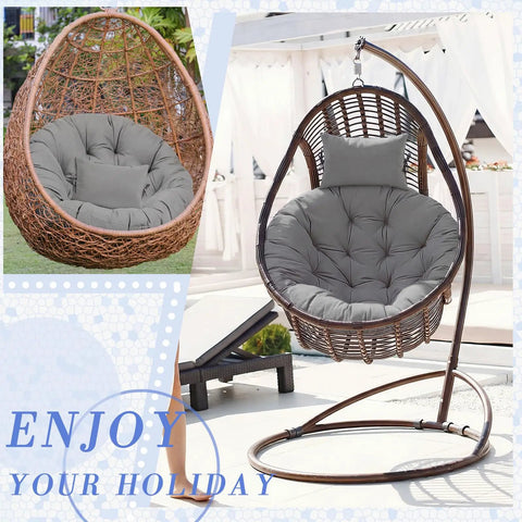 Gray Egg Chair Cushion Replacement For Indoor Outdoor Hanging Basket Chair 45x45 Waterproof Pad With Comfy Headrest