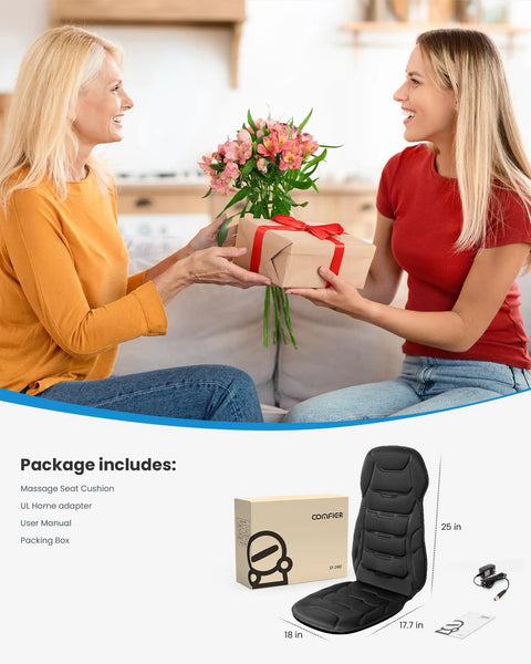 Two women exchanging a gift with Back Massager With Heat And Vibration, Seat Cushion With 8 Massage Nodes And 5 Modes packaging underneath.
