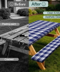 Before and after image showing a damaged picnic table transformed with a Waterproof Windproof Picnic Table and Bench Cover Set for 6-Foot Rectangular Tables.