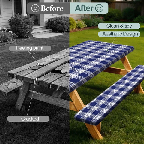 Before and after image showing a damaged picnic table transformed with a Waterproof Windproof Picnic Table and Bench Cover Set for 6-Foot Rectangular Tables.