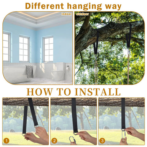 Two Pack Wood Swing Seats Carbonized Hanging Tree Swing Set With Adjustable Rope installation and hanging options, indoor and outdoor.