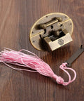 Antique Brass Key Hasp Lock For Wooden Boxes And Cabinets, Vintage Bronze Toggle Latch Hardware with pink tassel and key
