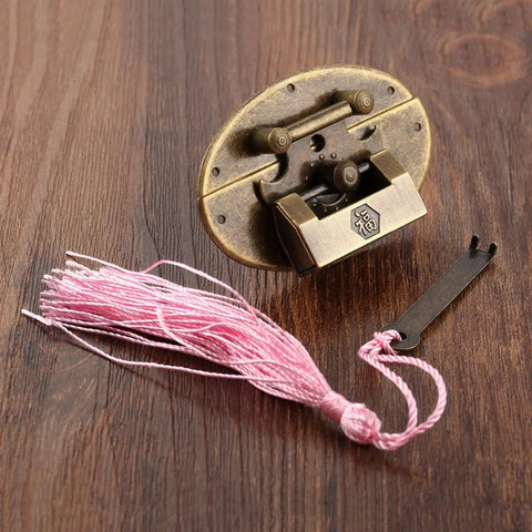 Antique Brass Key Hasp Lock For Wooden Boxes And Cabinets, Vintage Bronze Toggle Latch Hardware with pink tassel and key