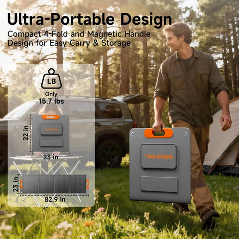 Man carrying 200W Foldable Solar Panel For Power Stations, 24 Percent High Efficiency ETFE Charger, QC3.0 And Type-C 60W Output