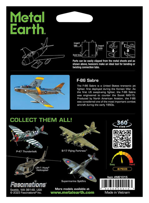 Back view of F86 Sabre Aircraft 3D Metal Model Kit Bundle With Tweezers Unassembled Hobby Model Kit packaging and details.