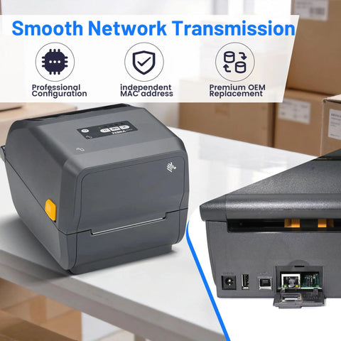 Heavy Duty Wired Ethernet Module For Zebra ZD421 ZD411 ZD611 Label Printer showing front and back ports for network connection.