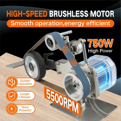 750W Variable Speed Belt Grinder Sander With VFD Control And 2 Molds showcasing a high-speed brushless motor with sanding belt.