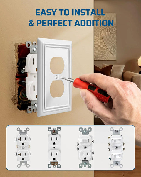 Installing Four Pack White Metal Outlet Covers With Retro Texture on wall, showing screwdriver and outlet types.