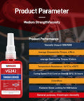 Blue Medium Strength Removable Thread Locker Adhesive For Metal Screws And Bolts, bottle with performance parameters.