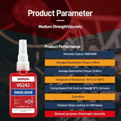 Blue Medium Strength Removable Thread Locker Adhesive For Metal Screws And Bolts, bottle with performance parameters.