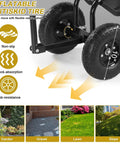 Close-up view of 10-inch tires on Rolling Garden Stool With Seat And Extendable Handle Tool Cart With Wheels And Extra Storage.