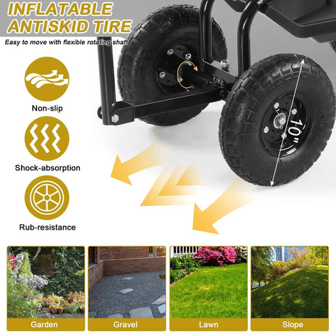 Close-up view of 10-inch tires on Rolling Garden Stool With Seat And Extendable Handle Tool Cart With Wheels And Extra Storage.