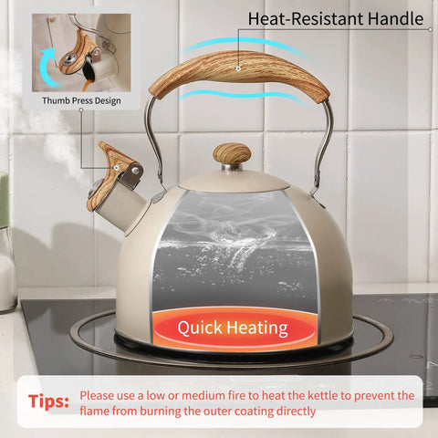 Stove Top 2.5 Quart Whistling Tea Kettle With Food Grade 18 8 Stainless Steel Wood Pattern Folding Handle Creamy White Finish Fast Heating Easy Clean Includes Silicone Heat Insulation Pad on stove