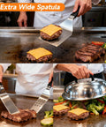 Chef using Griddle Accessories Kit For Blackstone Griddles, 28 Piece Hibachi Tools Set, cooking burgers with extra wide spatula and dome