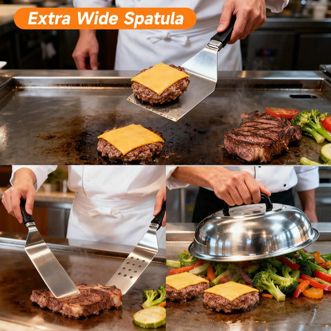 Chef using Griddle Accessories Kit For Blackstone Griddles, 28 Piece Hibachi Tools Set, cooking burgers with extra wide spatula and dome