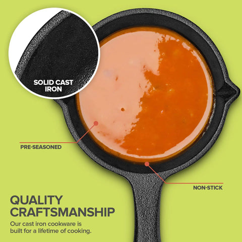 Top view of Cast Iron Mini Basting Pot For Grillin And Sauces Small Pre Seasoned Saucepan with sauce on green background
