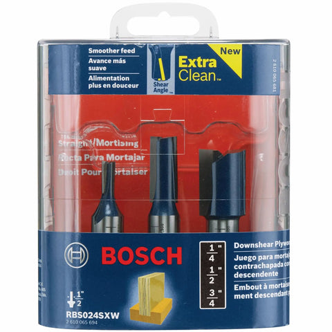 3 Piece Assorted Set Carbide Tipped Down Shear Plywood Mortising Router Bits Pro Grade in packaging