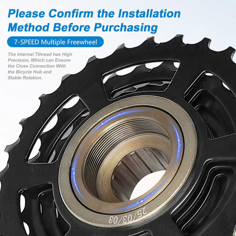 Close-up of 7 Speed Freewheel 14-28T Screw-On for mountain and folding bikes, showing internal thread and gear teeth details.