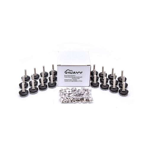 Ditch Shaky Legs For Good With Heavy Duty Adjustable Furniture Levelers Featuring High Density Felt Pads Threaded Shank And Secure T Nut Base For Rock Solid Room Stability 24 Pack with packaging and leveling devices.