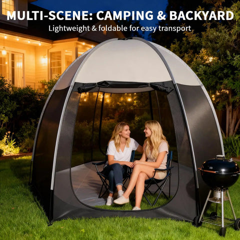 Two people sitting inside a Screen House Tent 10 By 10 Portable Canopy With Floor Mosquito Net Outdoor Room for Patio Backyard