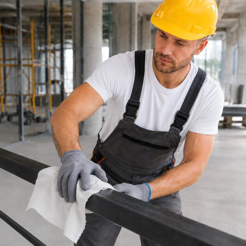 Worker cleaning a metal bar with Recycled White Cleaning Rags Bulk 5 Lb Box Lint Free Cotton Cloths for Auto Shop Manufacturing