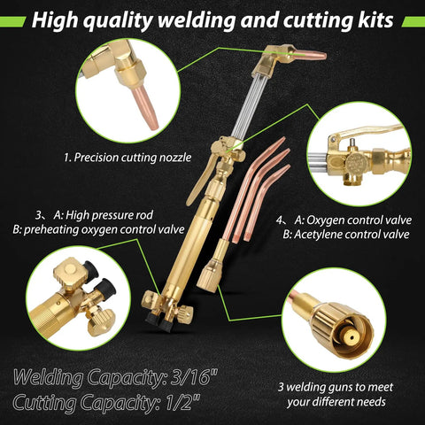 Diagram of Pro Grade Oxygen And Acetylene Welding Torch Kit With Portable Cutting Tool Set 17 Piece Includes Hoses Goggles 3 Rods And 1 Cutting Nozzle Heavy Duty Welder For Home Shop Metal Cutting And Welding showing precision cutting nozzle, high pressure rod, and control valves.
