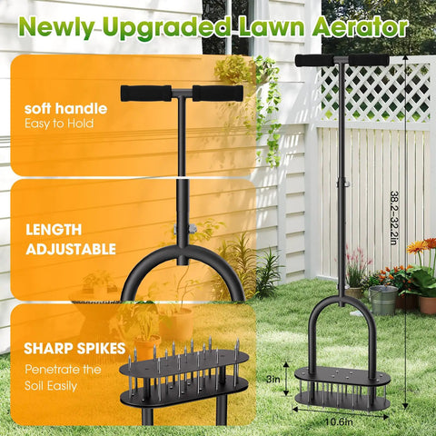 No-Fuss Manual Lawn Aerator Tool with padded T-handle, showing adjustable height feature and 15 three-inch steel spikes.