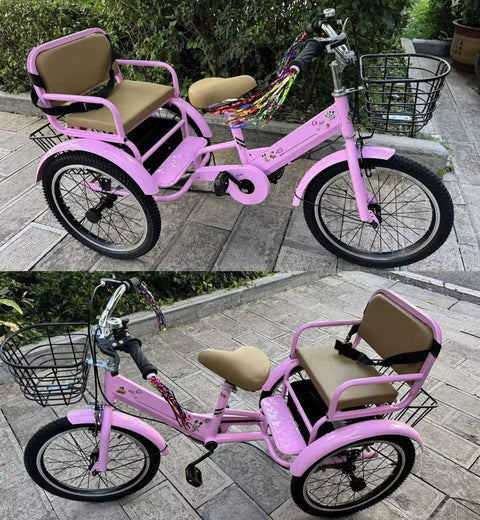 Pink Three Wheel Pedal Tricycle With Back Seat For Kids, Belted Armrests, Front And Rear Brakes, Outdoor Cruiser Style Rickshaw.