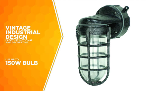 Wall Mount Light In Hammered Black Finish With Die Cast Aluminum Cage Built Tough 100 Watt Incandescent Rugged Industrial Design