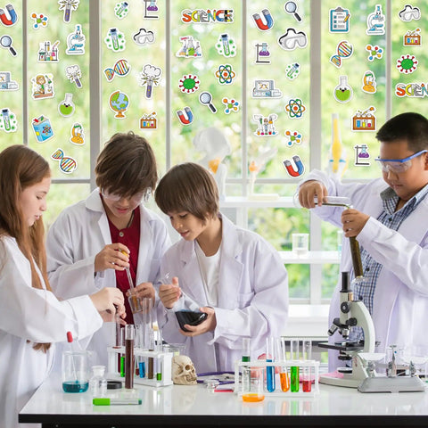 Epic 300 Piece Science Foam Stickers Set Self Adhesive Chemistry Biology Physics Lab Decals on windows in a student lab scene