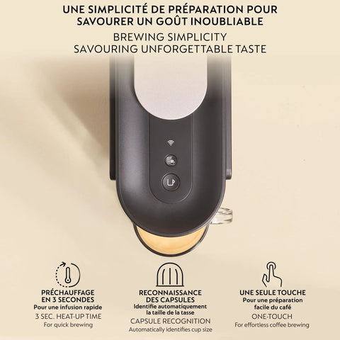Top view of Vertuo Up Coffee And Espresso Maker With Aeroccino Milk Frother By Breville, featuring cup and control buttons.