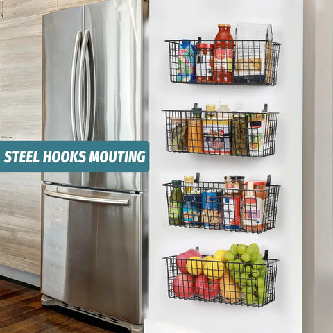 Extra Large Hanging Wall Mount Storage Baskets 4 Pack Sleek Black Wire Metal Organizer With Adhesive And Steel Hooks Badass Durability Zero Hassle Setup For Kitchen Bathroom Pantry And Utility Spaces