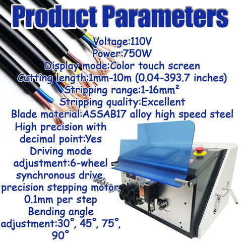 Automatic Wire Stripping And Bending Machine 110V 750W features color touch screen and multiple settings for wire prep.