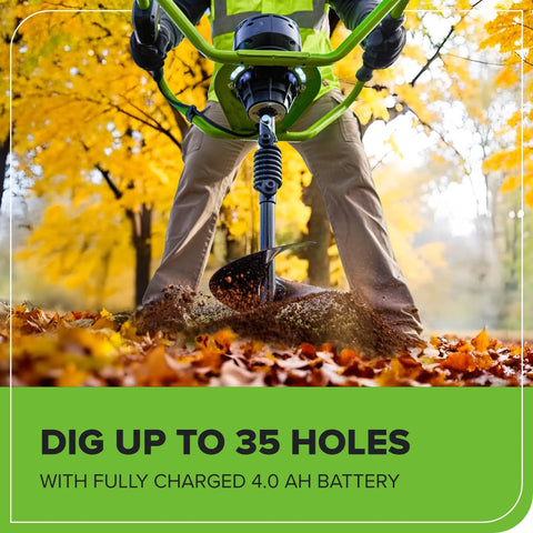 Man using 82V Brushless Earth Auger Power Head With 4.0Ah Battery And Dual Port Charger For Easy Post Hole Digging in autumn leaves