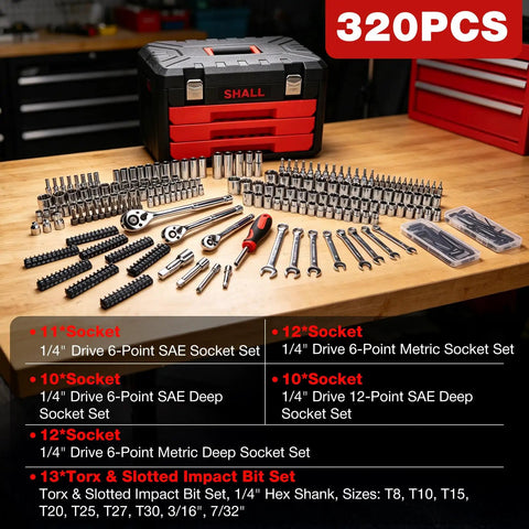 Beast 320 Piece Mechanic Tool Set with various sockets, ratchets, wrenches, and case on workbench for auto repair and DIY.