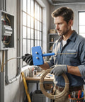 Pro Grade Power Drill Wire Puller With Heavy Duty Steel Body And Twenty Meter Fish Tape Included For Fast Track Conduit Threading No Sweat Cable Installation On Any Project Site, used by a worker.
