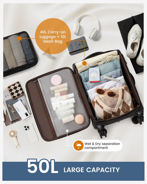 Lightweight Softside Carry On Luggage With 22x9x14 Inches Cabin Size, open showing packing compartments and clothing, TSA lock visible.