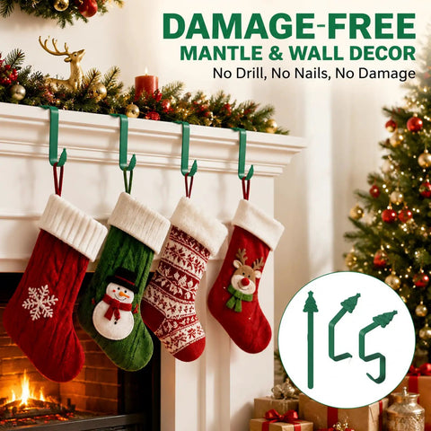 Heavy Duty Christmas Adhesive Wall Hooks For Stockings And Garland Damage Free Clear Sticky Holders With Chill Out Setup For Sweet Grip Mantel Holiday Decoration with four stockings on a festive mantel.