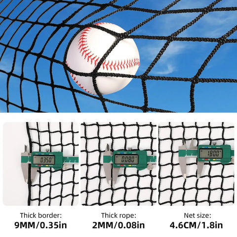 Heavy Duty 10x10x35ft Batting Cage Net for Backyard Baseball and Softball All Weather Backstop Barrier Net showing net details