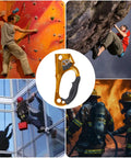 Collage featuring Right Hand Orange Rope Ascender for 8-13mm Rope in rock climbing, arborist work, and rescue scenarios