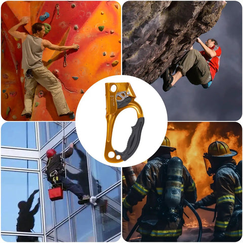 Collage featuring Right Hand Orange Rope Ascender for 8-13mm Rope in rock climbing, arborist work, and rescue scenarios