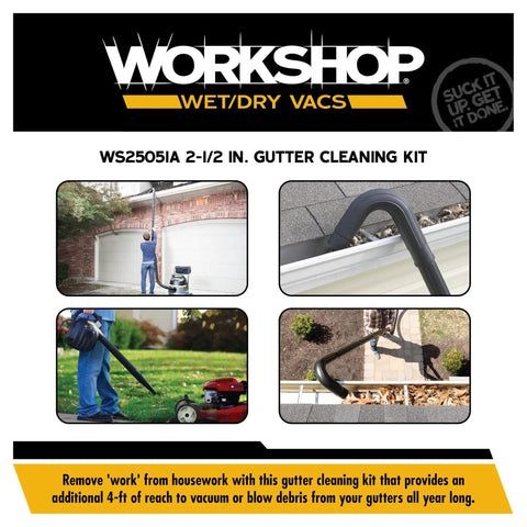 Gutter Cleaning Kit For Wet Dry Vacuums With 2-1/2 Inch Hose, Extendable Wands, And 90 Degree Elbow Attachment on roof and ground use