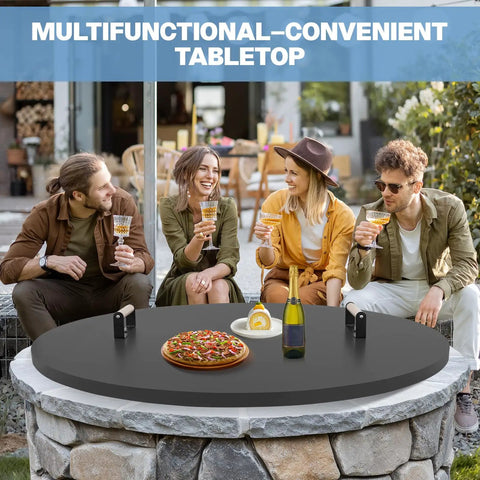 Round 38 Inch Fire Pit Lid Cover With Rust Resistant Powder Coated Steel, Two Wooden Handles, doubles as table with people