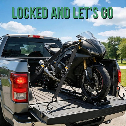 No Sweat Hauling Self Retracting Ratchet Straps 1500 Lb Break Strength secure motorcycle in truck bed.