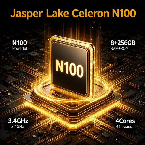 Kickass Rugged Windows 11 Pro Tablet With 10 Inch Sunlight Display And Quick N100 Chip Packed With 8 GB Ram Plus A 2D Scanner Built Like A Tank For Outdoor Jobs And Trade Site Hustle showing Intel N100 chip with specs and glowing design.