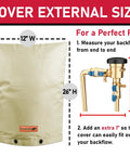 Cold Snap Backflow Preventer Insulation Cover 36x30 Beige shown with size guide for outdoor winter protection.