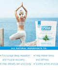 Woman doing yoga by ocean with bag of Muscle Recovery Epsom Salt Soak With Eucalyptus And Peppermint Essential Oils, 12 Lbs Total.