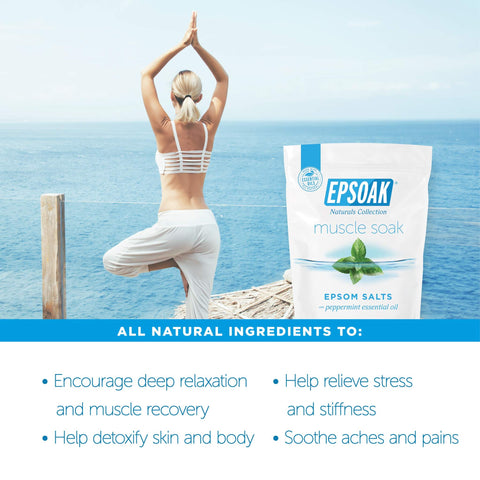 Woman doing yoga by ocean with bag of Muscle Recovery Epsom Salt Soak With Eucalyptus And Peppermint Essential Oils, 12 Lbs Total.