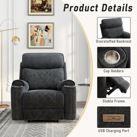 Electric Power Recliner Chair With Soft Fabric Upholstery Overstuffed Heavy Duty Sofa Chair With Metal Cup Holders Adjustable